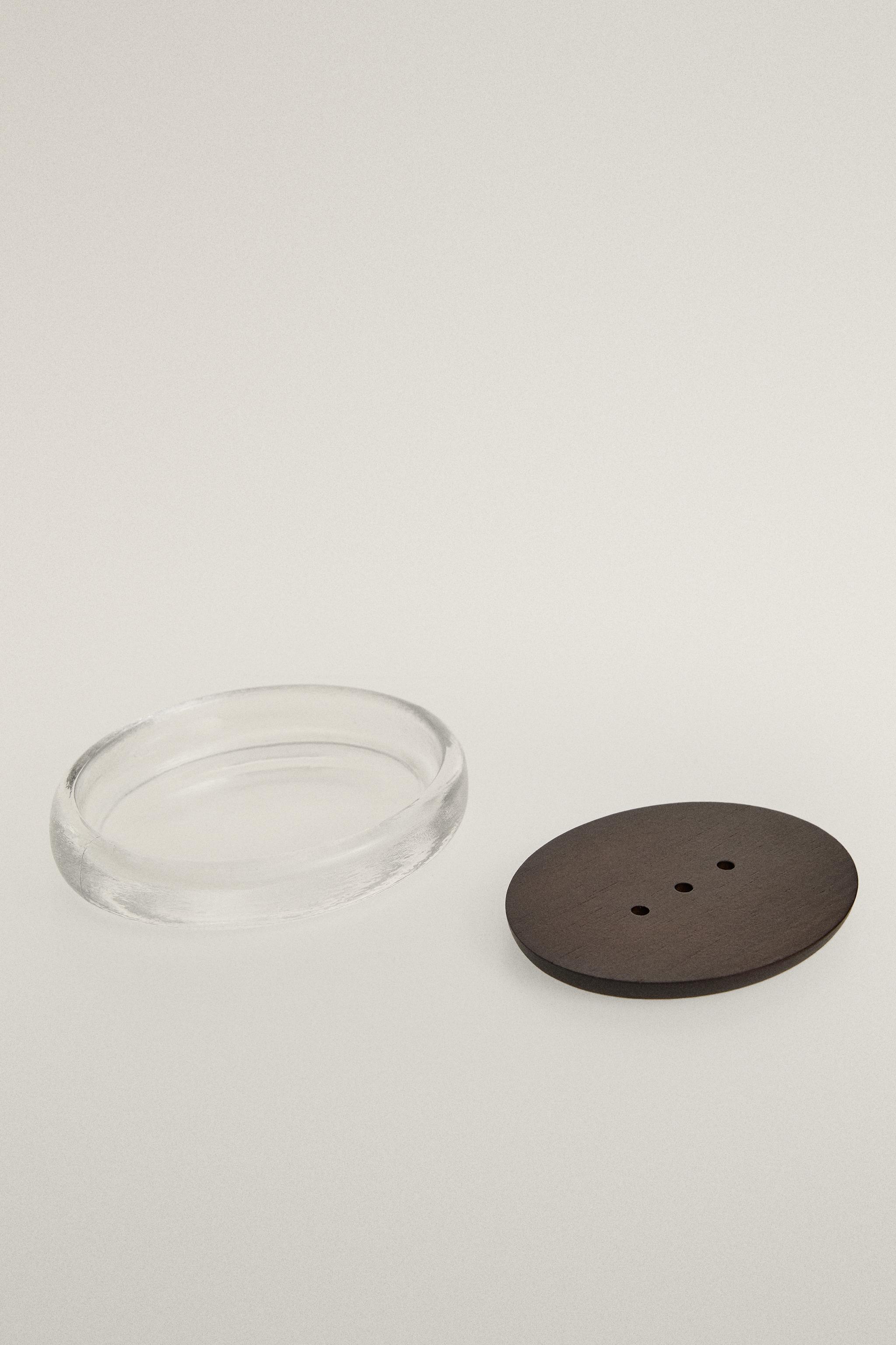 ACACIA WOOD AND GLASS BATHROOM SOAP DISH